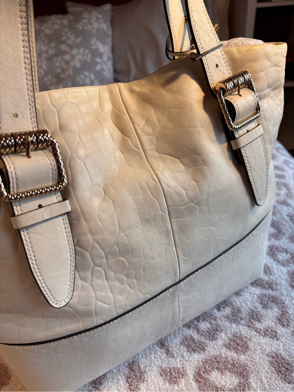 Vince Camuto Cream Leather Tote with Textured Buckle Straps